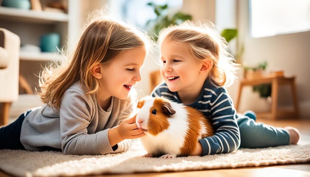 Children enjoying the company of a guinea pig