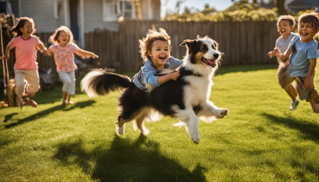 Australian Shepherd playing with children