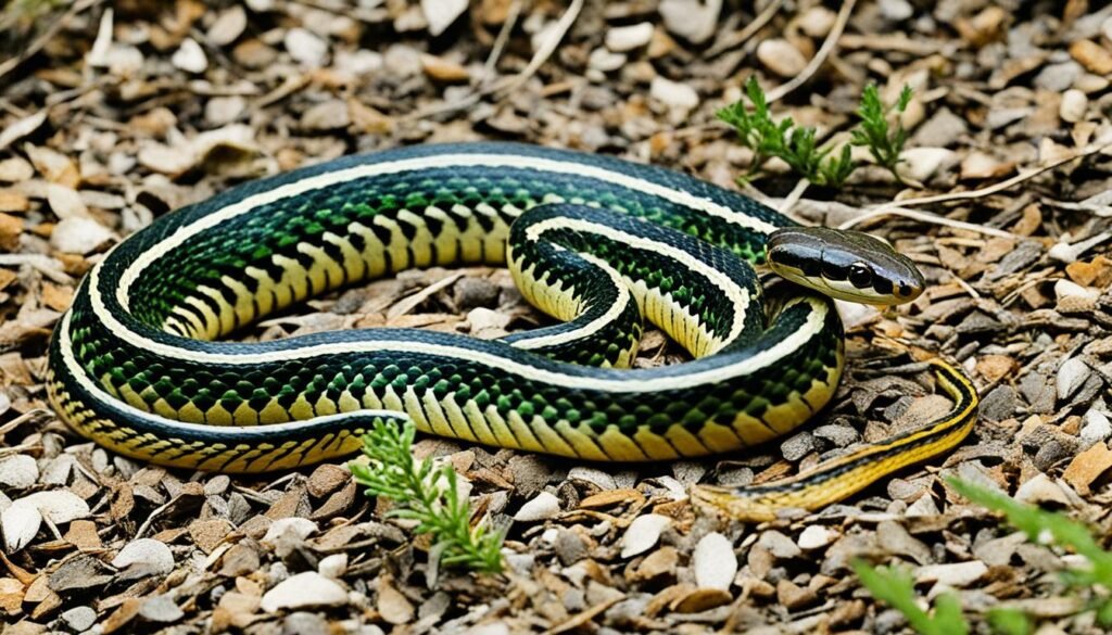 Garter snake with stripes running along its body