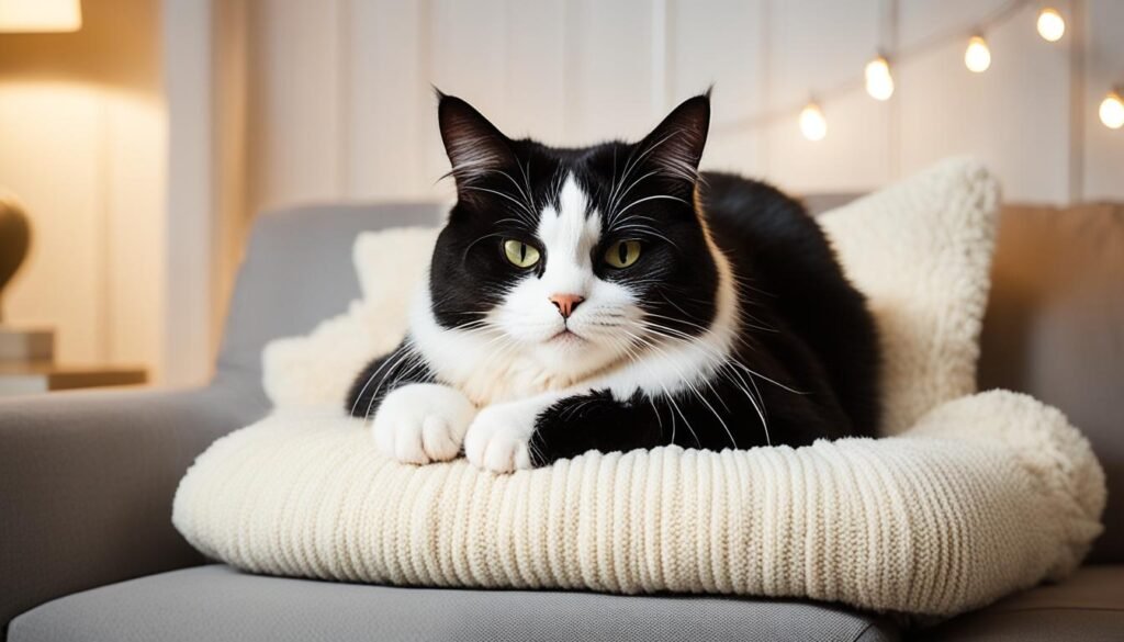 Black and white tuxedo cat cuddling on lap