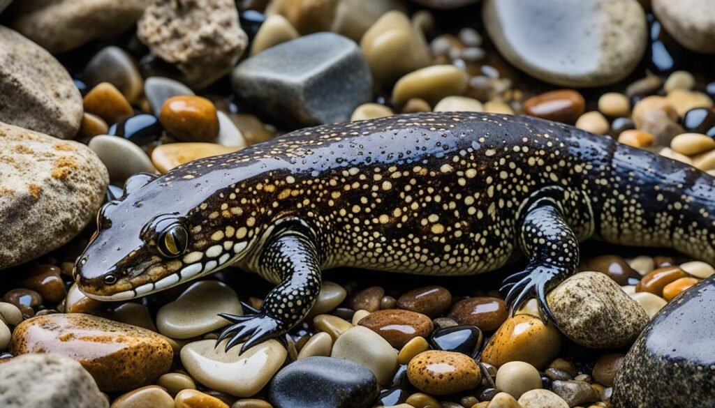 Hellbender salamander camouflaged on riverbed