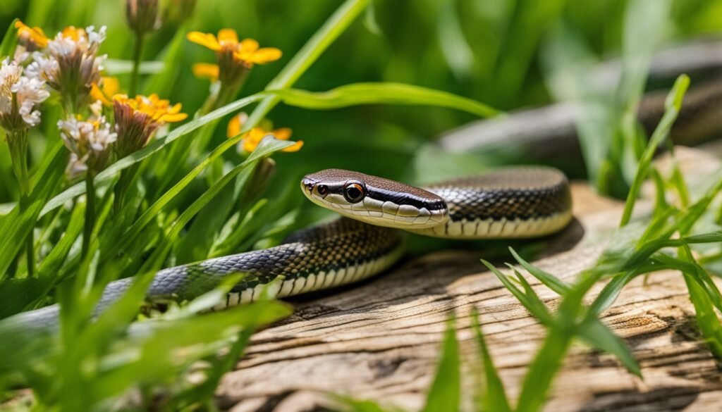 Non-venomous garter snake in backyard