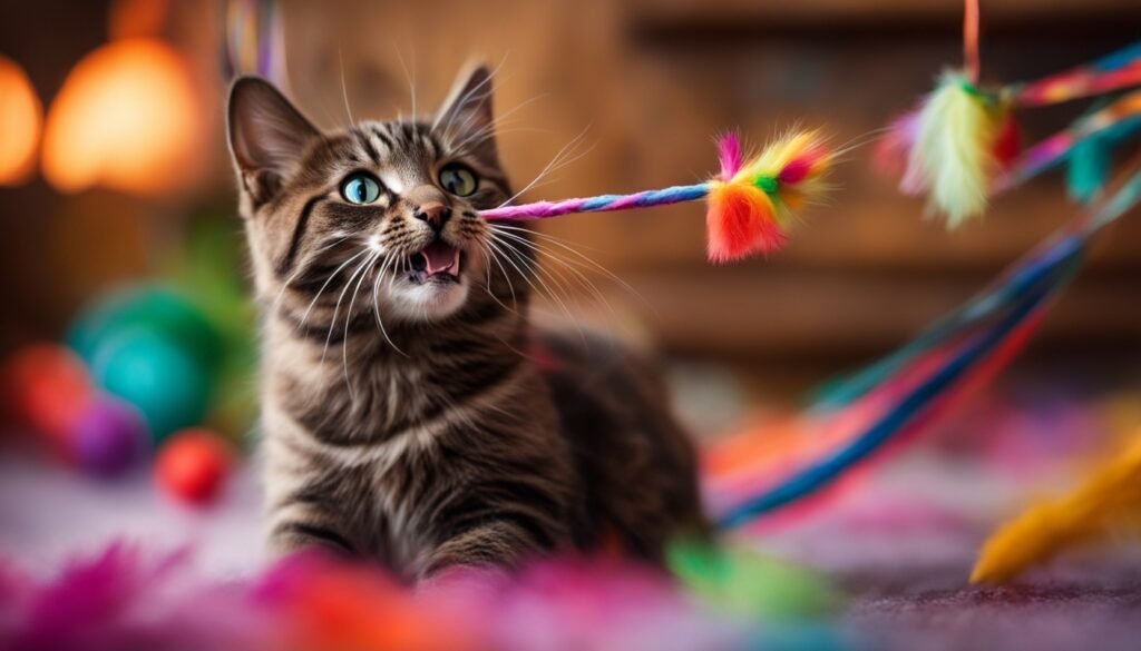 cat playing with feather wand