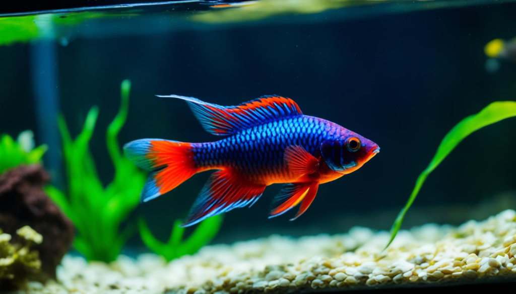 A stunning turquoise and red Betta fish swimming gracefully in a small tank, showcasing the vibrant colors and flowing fins of this fish that can thrive and live alone in a compact aquarium setup.