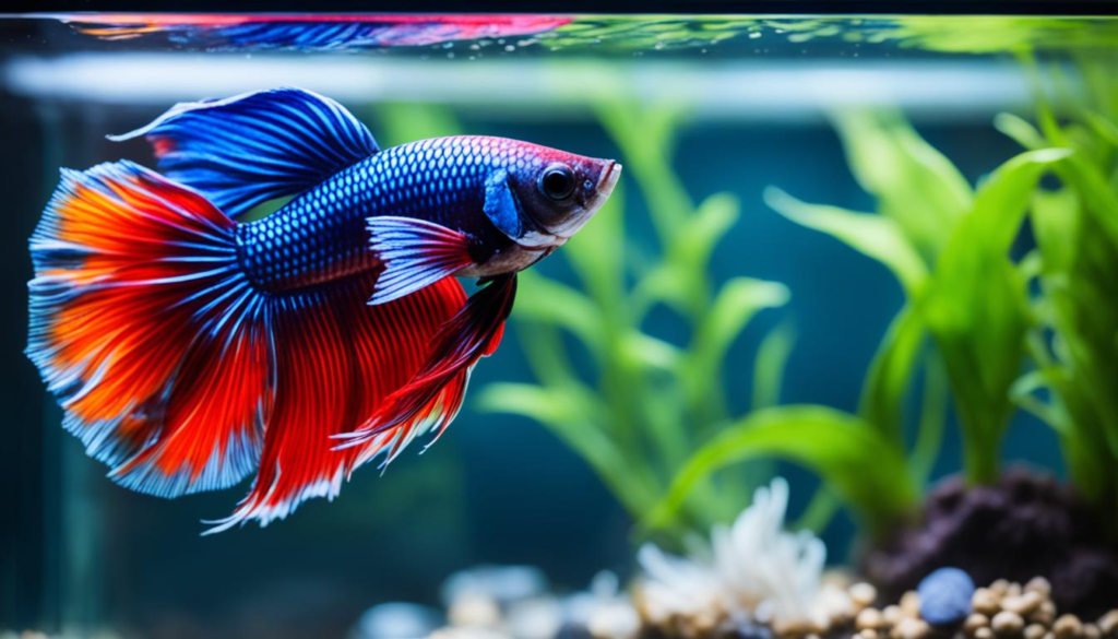 A vibrant Betta fish swimming gracefully in a small tank, showcasing its long, flowing fins and bright colors. Perfect example of a fish that can live alone in a small tank, adding a touch of elegance to any living space.