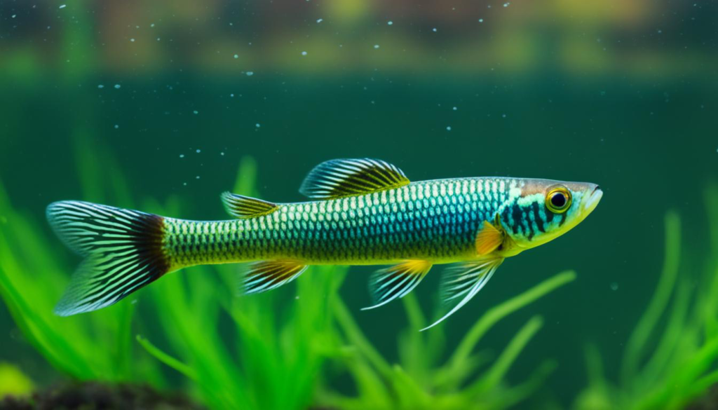 Vibrant male Least Killifish (Heterandria formosa) swimming gracefully in a small tank, showcasing the perfect fish that can live alone in a tranquil aquatic environment.