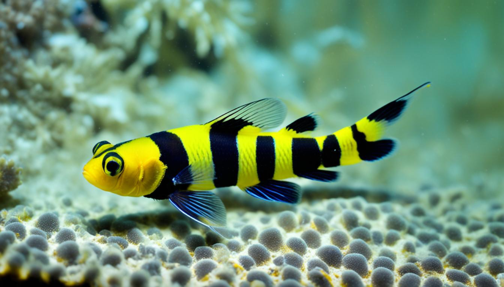 A beautiful Bumblebee Goby, a unique small fish that can live alone in a small tank, featuring striking black and yellow stripes and vibrant colors, swimming gracefully in an aquatic tank environment.