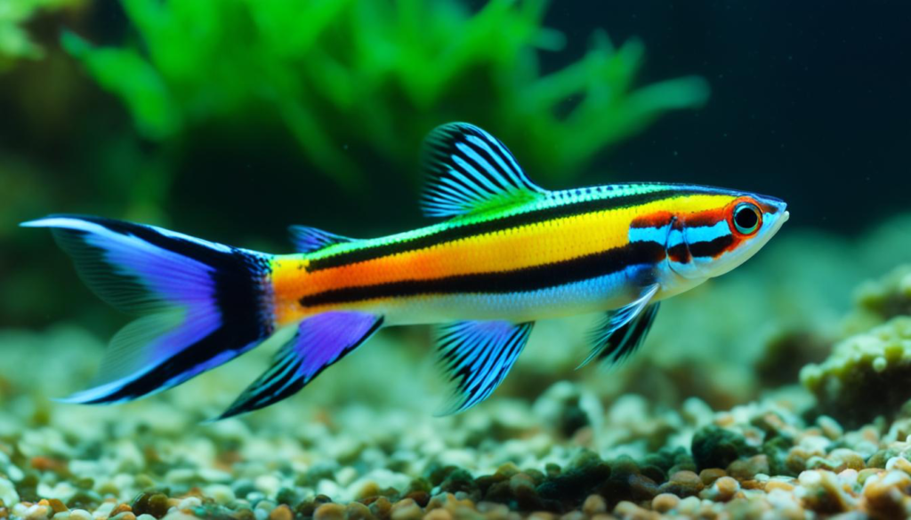 A vibrant and colorful male Endler's Livebearer fish swimming elegantly in a small tank, showcasing its distinctive iridescent patterns and graceful movements. This small and peaceful fish is an ideal choice for those looking for a fish that can live alone in a small tank, adding beauty and tranquility to any aquatic environment.