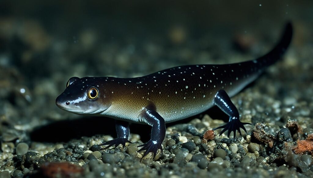 nocturnal mudpuppy feeding at night