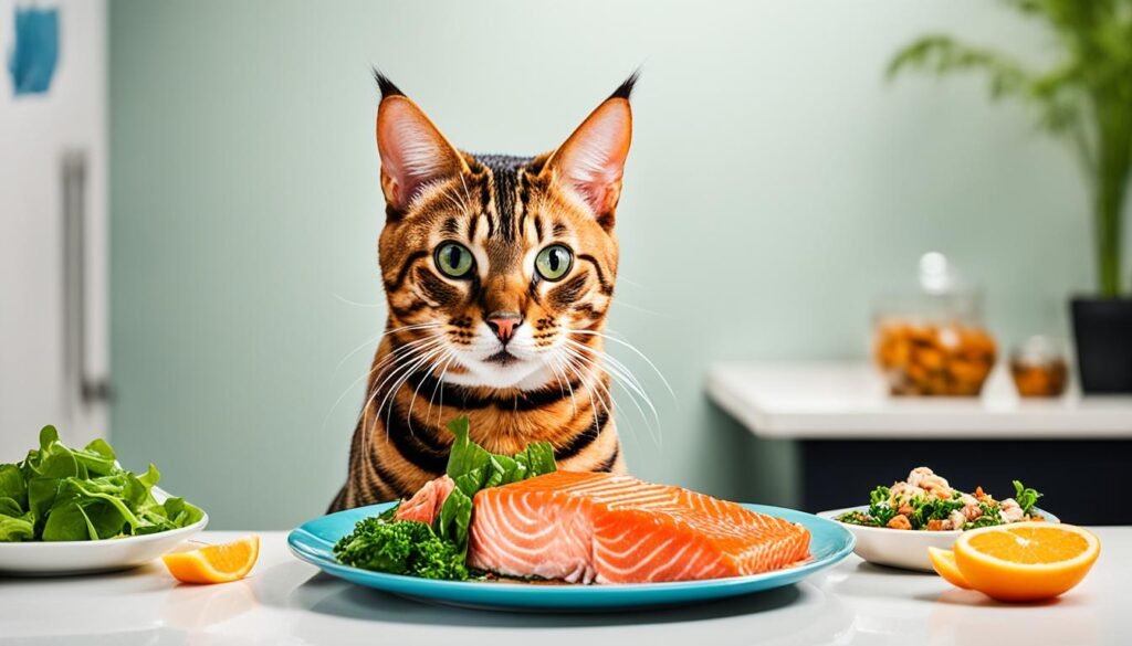 Bengal cat eating a balanced diet