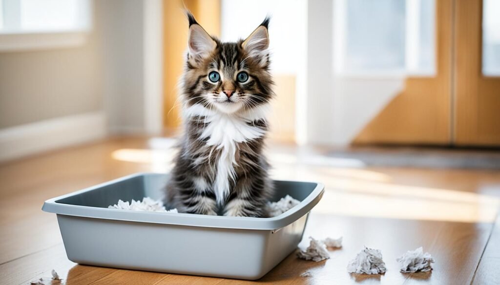 Maine Coon kitten in litter box