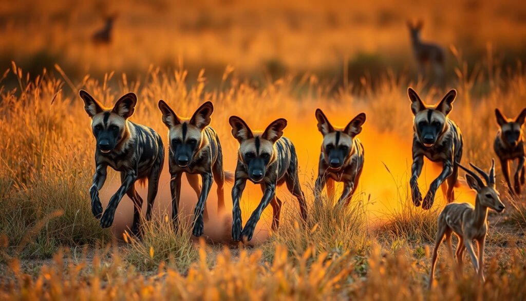 African wild dogs hunting prey