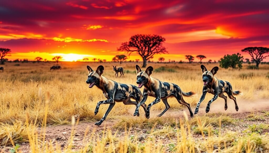 African wild dogs running at high speeds